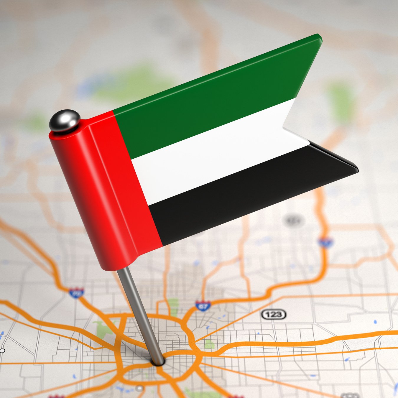 UAE Small Flag on a Map Background.