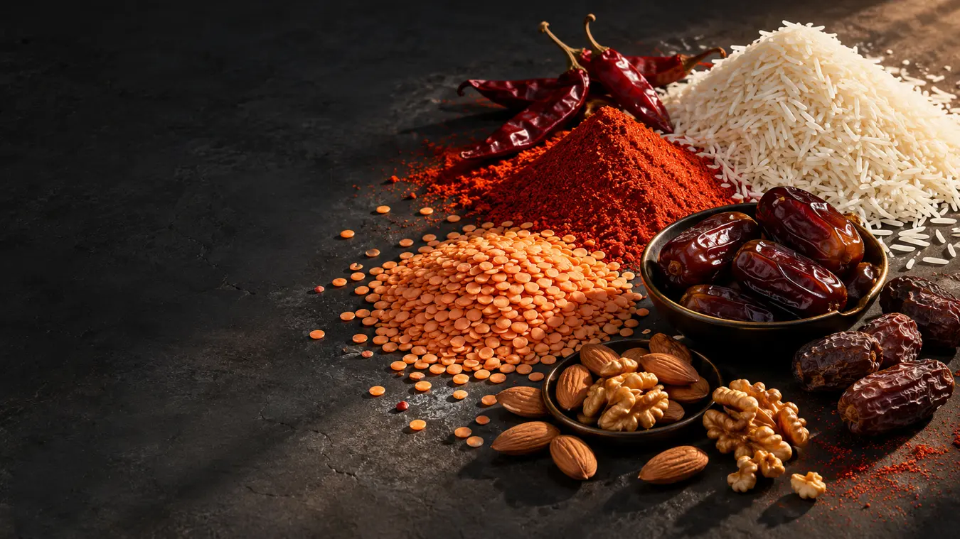 Illustrative editorial arrangement of rice, pulses, dates, chilli and nuts